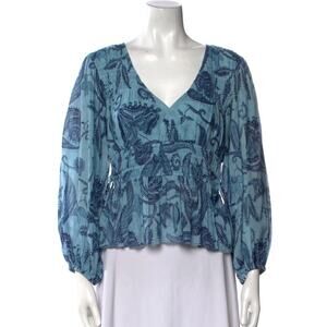 Love the Label Elle Peplum Plunge Neckline Top Blue Paisley Size Small Cotton